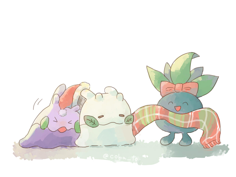 >_<, bow, character_snowman, closed_eyes, coba_to_coba, commentary_request, full_body, goomy, hat, leaf, no_humans, oddish, open_mouth, plaid_clothes, plaid_scarf, pokemon, pokemon_(creature), pokemon_focus, santa_hat, scarf, smile, snowman, unworn_scarf