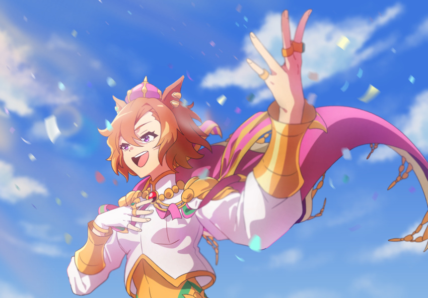 1girl, animal_ears, armor, blue_sky, breasts, cape, clouds, commentary