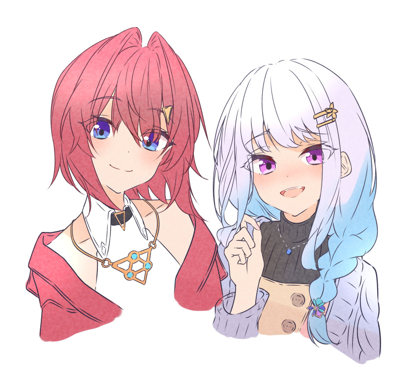 2girls, :d, absurdres, ange_katrina, ange_katrina_(summer_casual), black_sweater, blue_hair, blush, braid, buttons, cardigan, closed_mouth, collared_halterneck, collared_shirt, cropped_torso, gold_necklace, grey_cardigan, hair_intakes, hair_ornament, hair_over_shoulder, hairpin, halter_shirt, halterneck, hand_up, hashtag-only_commentary, highres, jacket, jewelry, lize_helesta, lize_helesta_(5th_costume), long_hair, looking_at_viewer, medium_hair, multicolored_hair, multiple_girls, multiple_hairpins, necklace, nijisanji, nishiki_yuno, nose_blush, open_cardigan, open_clothes, open_mouth, red_cardigan, red_hair, red_jacket, shirt, simple_background, single_braid, single_off_shoulder, smile, split_mouth, sweater, teeth, triangle_hair_ornament, two-tone_hair, upper_teeth_only, violet_eyes, virtual_youtuber, white_background, white_hair, white_shirt