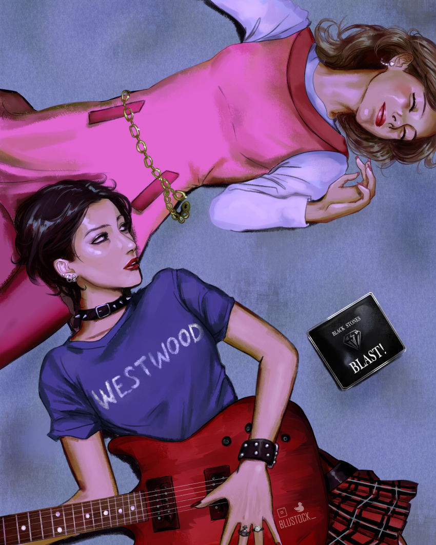 2girls, absurdres, black_hair, blustock, bracelet, breasts, brown_hair, cd_case