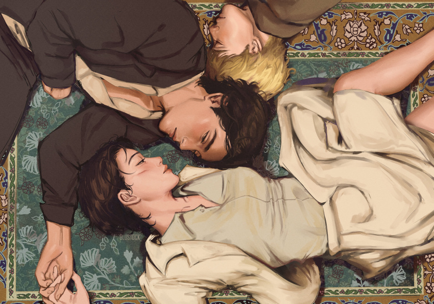 1girl, 2boys, absurdres, armin_arlert, artist_name, black_hair, black_jacket, black_pants