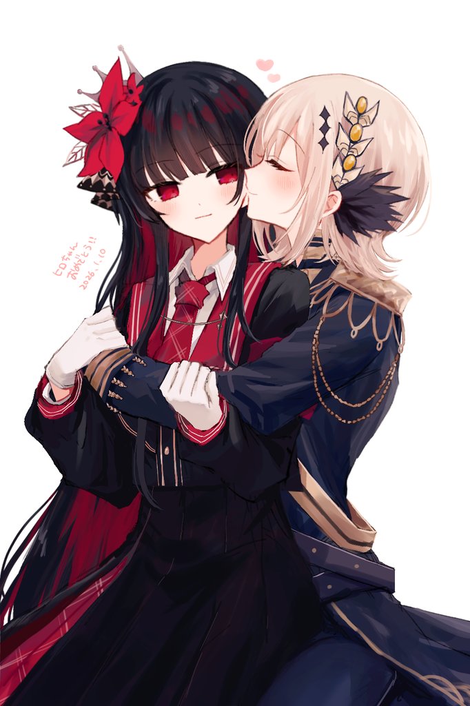 2girls, black_hair, black_jacket, black_pants, black_shirt, black_skirt, blonde_hair, blush