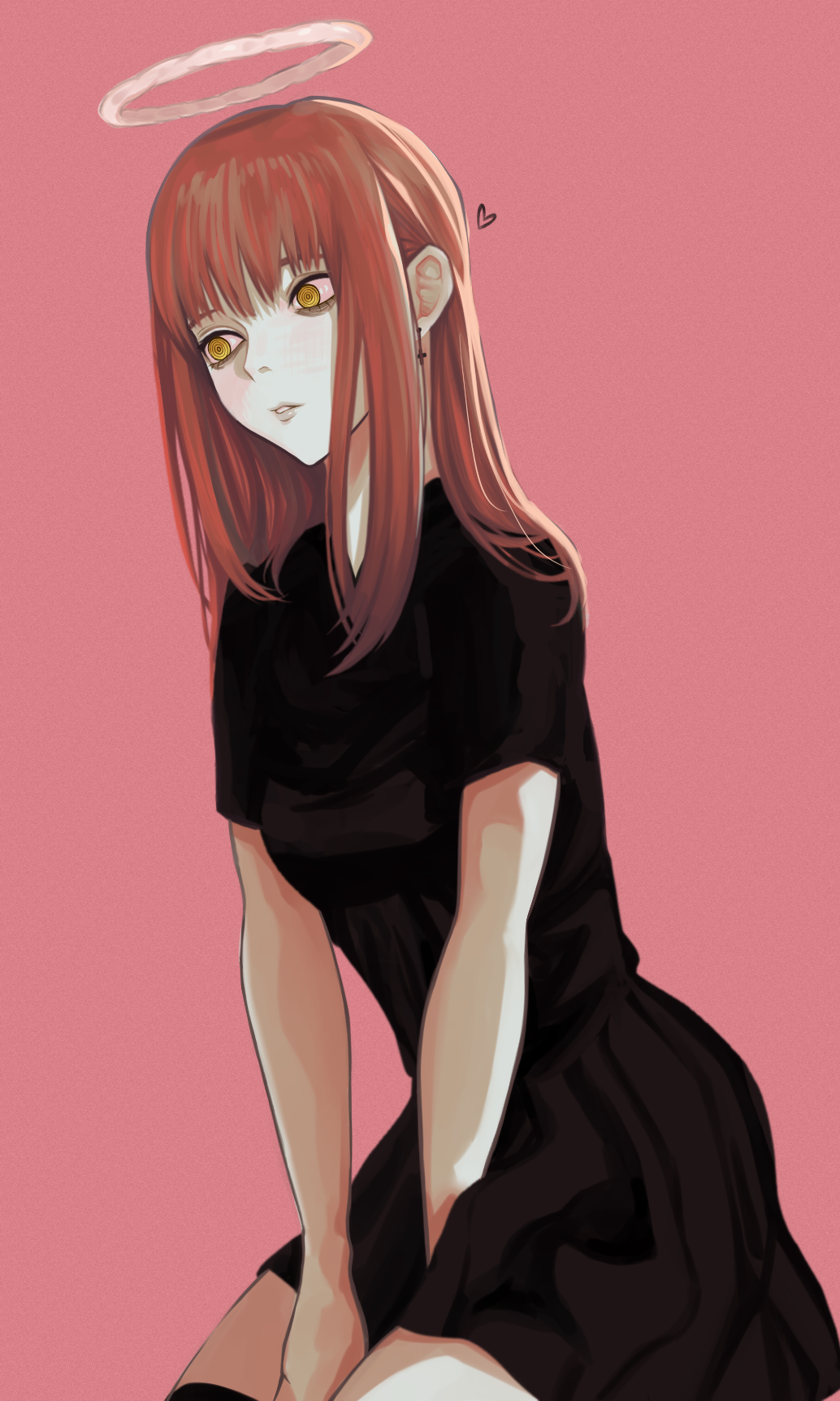 1girl, between_legs, black_dress, black_thighhighs, chainsaw_man, choppy_bangs, commentary_request, cross, cross_earrings, dress, earrings, eyeshadow, gozuu, halo, hand_between_legs, heart, highres, jewelry, kneeling, long_hair, makeup, makima_(chainsaw_man), monochrome_background, orange_hair, pink_background, pleated_dress, ringed_eyes, sidelocks, spoken_heart, thigh-highs, yellow_eyes