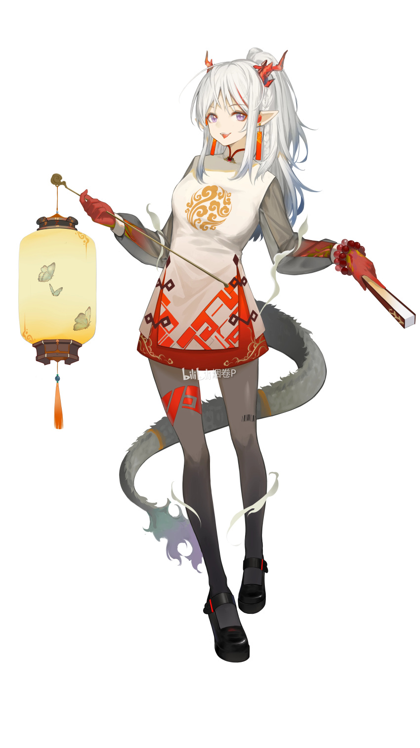 1girl, absurdres, arknights, barcode, barcode_tattoo, beads, bilibili_watermark, black_pantyhose, black_shoes, chinese_commentary, cigarette_p, colored_extremities, commentary_request, dragon_girl, dragon_horns, dragon_tail, dress, earrings, full_body, hand_fan, highres, holding, holding_fan, holding_lantern, horns, jewelry, lantern, leg_tattoo, long_hair, looking_at_viewer, multicolored_hair, nian_(arknights), open_mouth, pantyhose, paper_lantern, pointy_ears, see-through_clothes, see-through_sleeves, shoes, short_dress, simple_background, smile, solo, standing, streaked_hair, tail, tassel, tattoo, violet_eyes, watermark, white_background, white_dress, white_hair