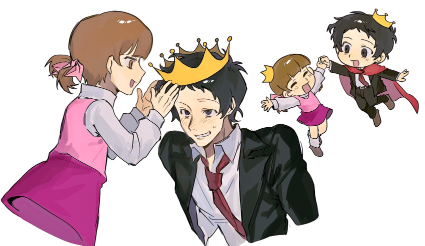 1boy, 1girl, adachi_tooru, black_hair, black_pants, brown_hair, cape, chengmingraven