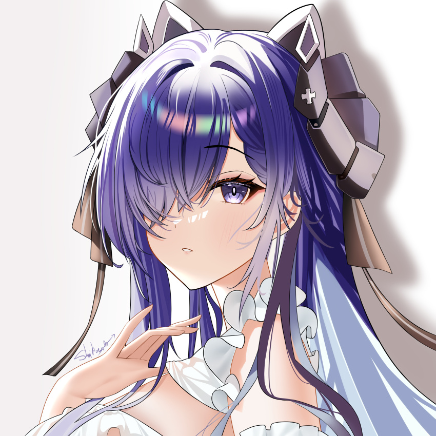 1girl, absurdres, artist_name, august_von_parseval_(azur_lane), august_von_parseval_(the_conquered_unhulde)_(azur_lane), azur_lane, black_horns, blue_eyes, blue_hair, breasts, bright_pupils, commentary_request, cross, curled_horns, frills, hair_over_one_eye, highres, horns, iron_cross, large_breasts, long_hair, looking_at_viewer, mechanical_horns, one_eye_covered, shiran, upper_body, white_background, white_pupils