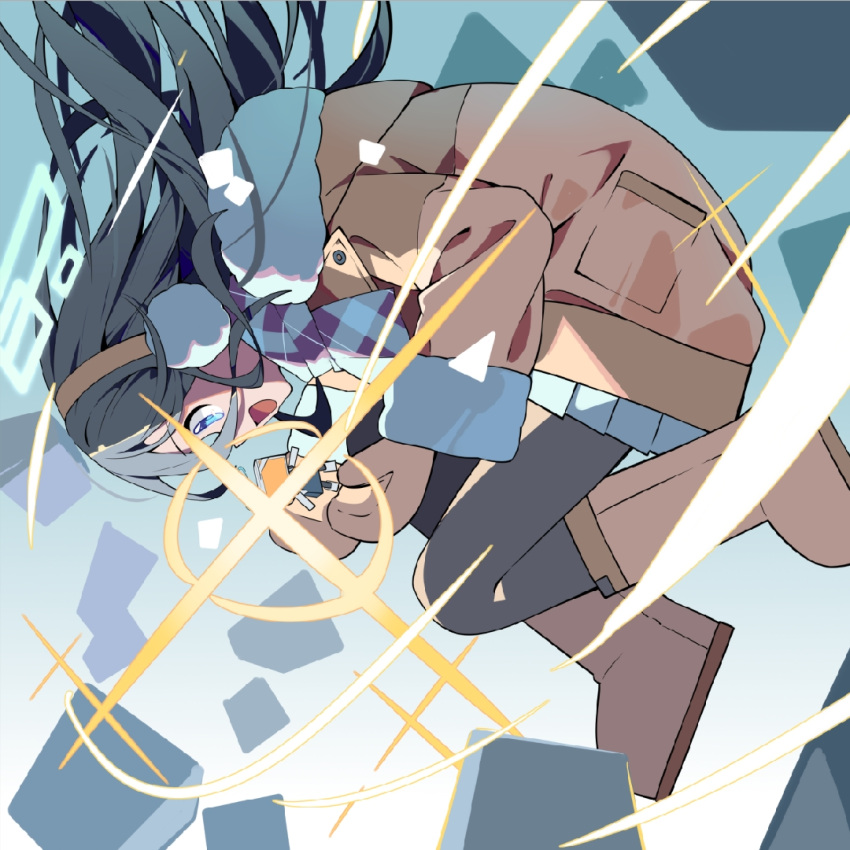 1girl, :d, aqua_halo, aris_(blue_archive), aris_(winter)_(blue_archive), black_hair, black_pantyhose, blue_archive