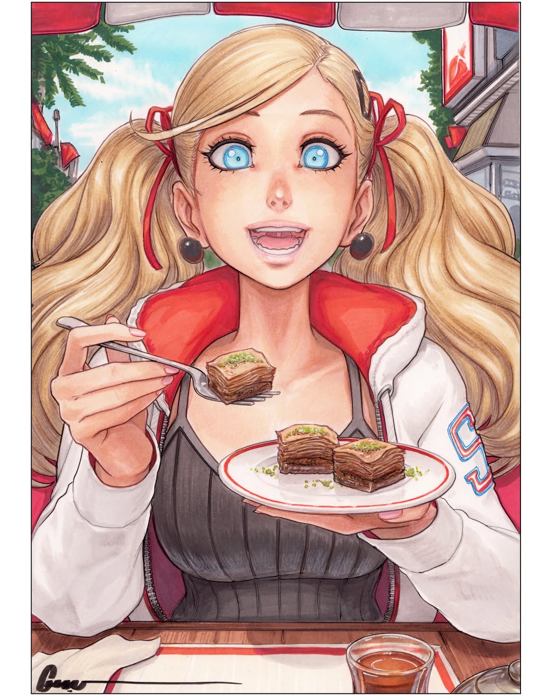 1girl, beach_umbrella, bell, black_tank_top, blonde_hair, blue_eyes, blue_sky, breasts, building, cup, drinking_glass, earrings, food, fork, hair_ornament, hair_ribbon, hairclip, highres, holding, holding_food, holding_fork, holding_plate, hood, hoodie, incoming_food, jewelry, large_breasts, long_hair, looking_at_viewer, nail_polish, napkin, omar_dogan, open_clothes, open_hoodie, open_mouth, outdoors, parted_lips, persona, persona_5, pink_nails, plate, red_hood, red_ribbon, ribbed_tank_top, ribbon, school_uniform, shuujin_academy_school_uniform, sky, solo, table, tablecloth, takamaki_anne, tank_top, tree, twintails, two-tone_hoodie, umbrella, very_long_hair, white_hoodie, wooden_table