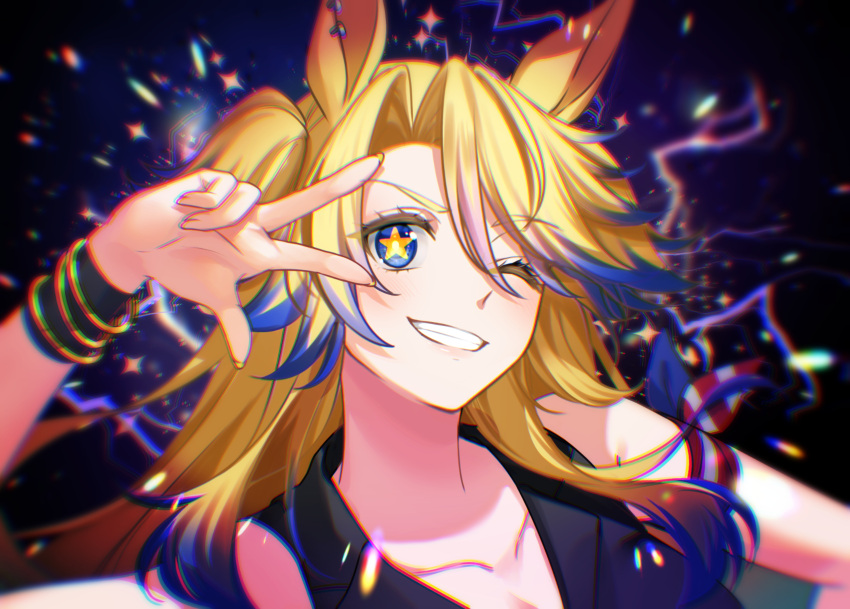 1girl, :d, animal_ear_piercing, animal_ears, bandana_around_arm, black_background, black_shirt, blonde_hair
