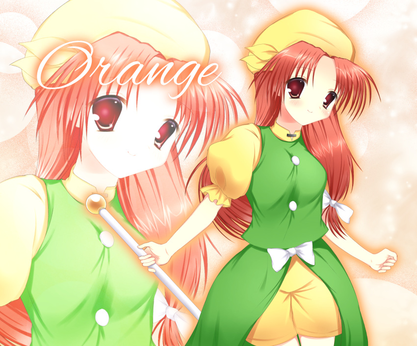 1girl, 2000s_(style), banananayomi, bandana, blush, bow, breasts, buttons, character_name, collared_shirt, green_sweater_vest, hair_bow, highres, holding, long_hair, orange_(touhou), puffy_short_sleeves, puffy_sleeves, red_eyes, red_hair, shirt, short_sleeves, shorts, smile, solo, sweater_vest, touhou, touhou_(pc-98), twirl_baton, waist_bow, waist_cape, white_bow, yellow_bandana, yellow_shirt, yellow_shorts