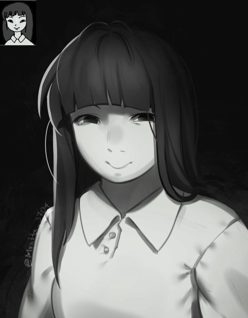1girl, antenna_hair, arms_at_sides, black_background, blunt_bangs, breasts, buttons, closed_mouth, collared_shirt, commentary, emphasis_lines, greyscale, half-closed_eyes, highres, long_hair, looking_at_viewer, monochrome, monoe, mrntta_3704, no_pupils, reference_inset, shirt, simple_background, small_breasts, smile, solo, straight_hair, symbol-only_commentary, twitter_username, upper_body, yume_nikki