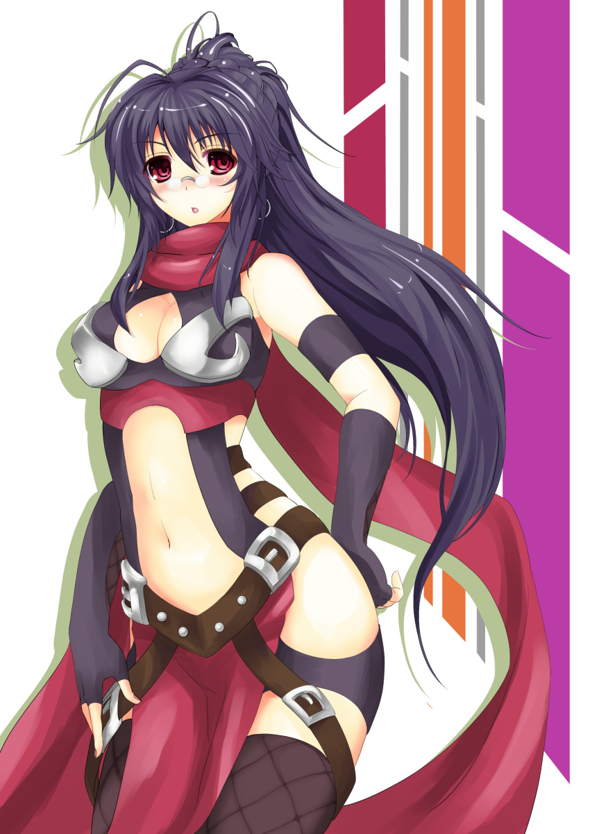 black_hair, blush, breasts, cleavage, cleavage_cutout, earrings, fingerless_gloves, fishnet_legwear