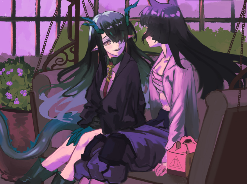 2girls, absurdres, arknights, black_hair, dragon_girl, dragon_horns, dragon_tail, dusk_(arknights)