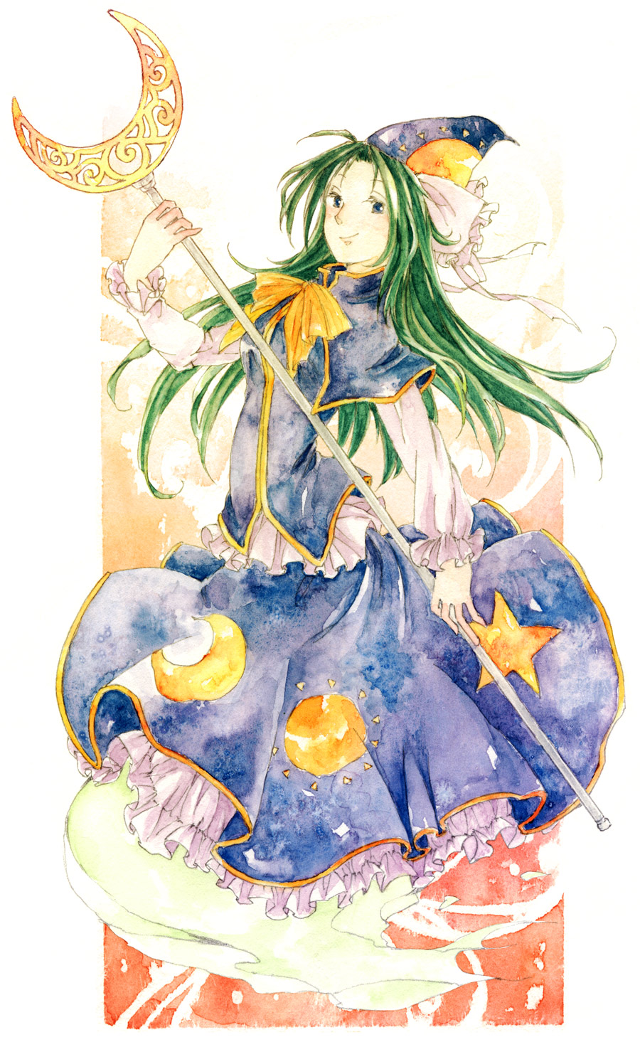 bow, bowtie, capelet, crescent_moon, dress, faux_traditional_media, ghost, ghost_tail, green_hair, hat, highres, long_hair, mima, moon, simple_background, smile, solo, staff, star, sun, touhou, touhou_(pc-98), uram, weapon, wizard_hat