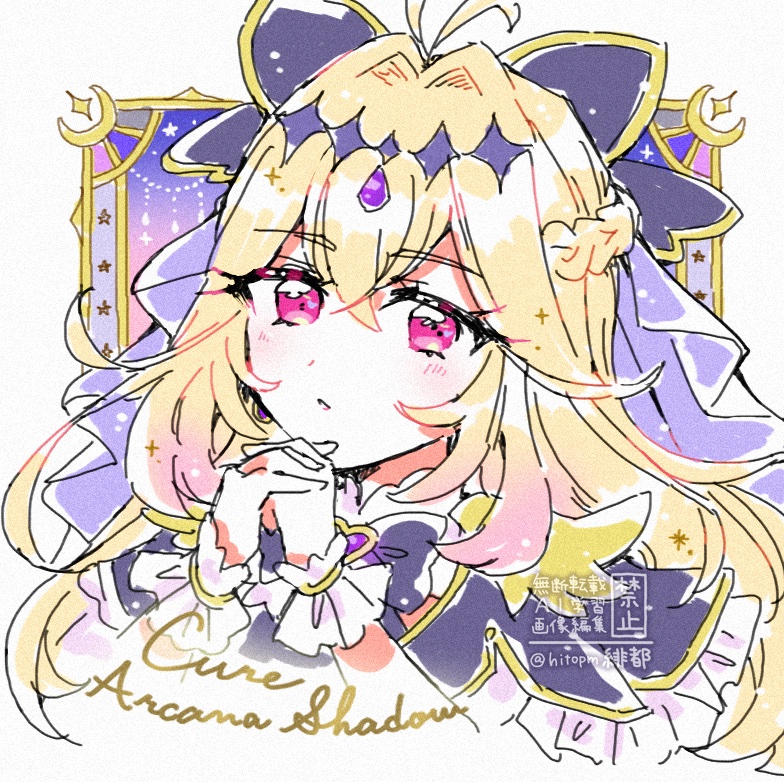 1girl, antenna_hair, black_bow, black_capelet, black_dress, blonde_hair, bow, brooch