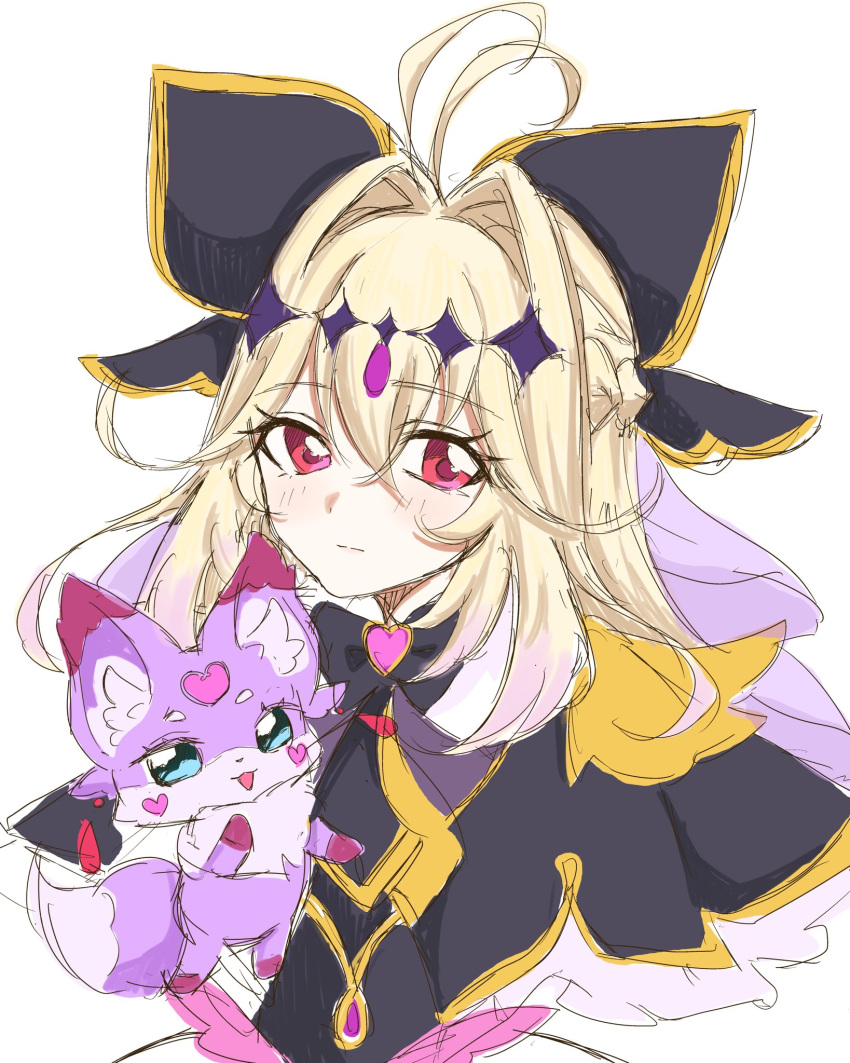 1girl, antenna_hair, black_bow, black_capelet, black_dress, blonde_hair, blush, bow