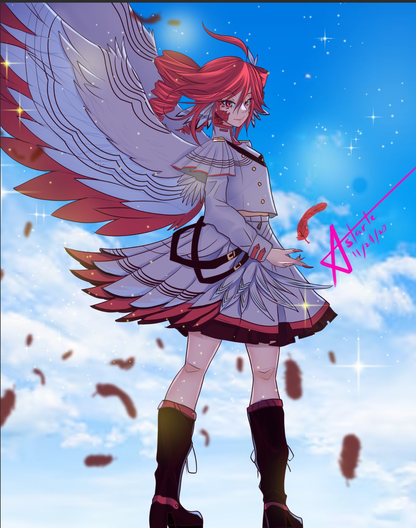 1girl, ahoge, astartefrost, belt, black_boots, blue_sky, boots, buttons, clouds, cloudy_sky, collar, dated, drill_hair, english_commentary, feather_hair, feathers, frilled_skirt, frills, from_behind, grey_shirt, hair_between_eyes, half-harpy, highres, huge_ahoge, idol, idol_clothes, kasane_teto, long_sleeves, looking_back, medium_hair, monsterification, multicolored_feathers, red_eyes, red_feathers, red_hair, red_trim, shirt, shoulder_belt, signature, skirt, sky, solo, sparkle, spread_wings, synthesizer_v, thigh_boots, twin_drills, twintails, utau, watermark