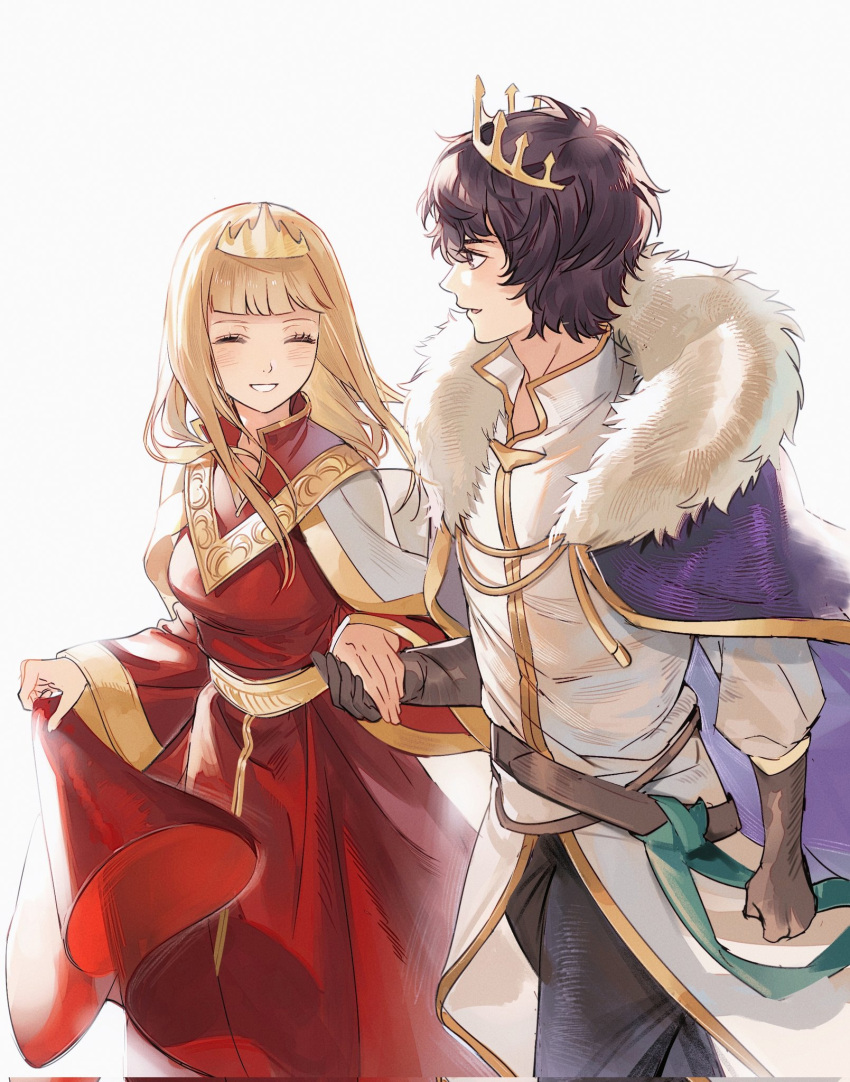 1boy, 1girl, ^_^, alaune_(octopath_traveler), belt, black_eyes, black_gloves, black_hair, black_pants, blonde_hair, blunt_bangs, brown_belt, cape, closed_eyes, crown, dress, fur-trimmed_cape, fur_trim, gloves, highres, holding_hands, jacket, keta040429, long_hair, octopath_traveler, octopath_traveler:_champions_of_the_continent, octopath_traveler_0, open_mouth, pants, profile, purple_cape, red_dress, richard_(octopath_traveler), short_hair, simple_background, smile, white_background, white_cape, white_jacket, wide_sleeves