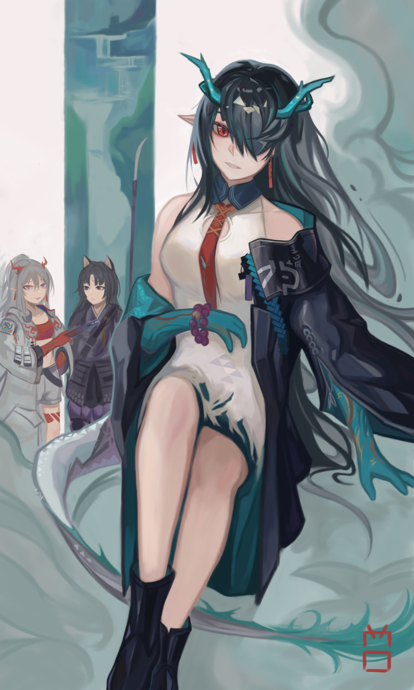 3girls, absurdres, arknights, black_hair, colored_extremities, colored_skin, commentary, craneodes, dragon_girl, dragon_horns, dragon_tail, dusk_(arknights), earrings, eastern_dragon_tail, english_commentary, green_hands, green_horns, green_skin, hair_over_one_eye, highres, horns, jewelry, long_hair, multicolored_hair, multiple_girls, nian_(arknights), pointy_ears, red_eyes, saga_(arknights), solo, streaked_hair, tail, tassel, tassel_earrings, violet_eyes, white_hair