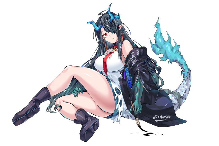 1girl, absurdres, arknights, black_hair, colored_extremities, colored_skin, commentary, dragon_girl