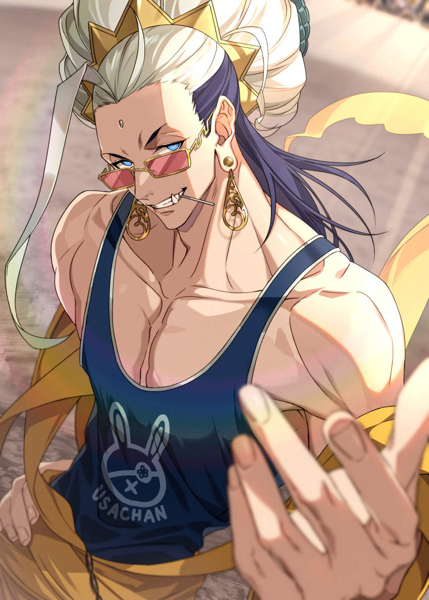 1boy, absurdres, black_hair, blue_tank_top, buddha, buddha_(shuumatsu_no_valkyrie), crown, earrings