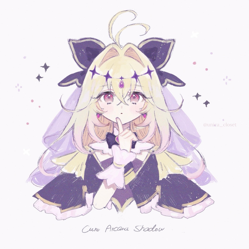 1girl, ahoge, black_capelet, blonde_hair, capelet, character_name, commentary, cure_arcana_shadow