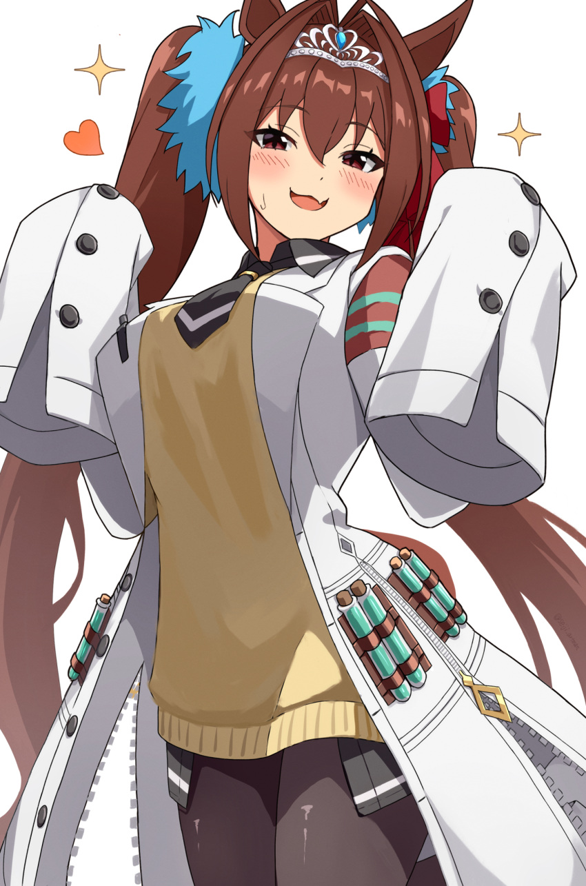 1girl, :d, agnes_tachyon_(tach-nology)_(umamusume), agnes_tachyon_(umamusume), agnes_tachyon_(umamusume)_(cosplay), animal_ears, black_necktie, black_pantyhose, brown_hair, cosplay, daiwa_scarlet_(umamusume), highres, horse_ears, horse_girl, lab_coat, long_hair, looking_at_viewer, necktie, open_mouth, pantyhose, seiji_(artman), simple_background, sleeves_past_fingers, sleeves_past_wrists, smile, solo, sweater_vest, twintails, umamusume, white_background, yellow_sweater_vest
