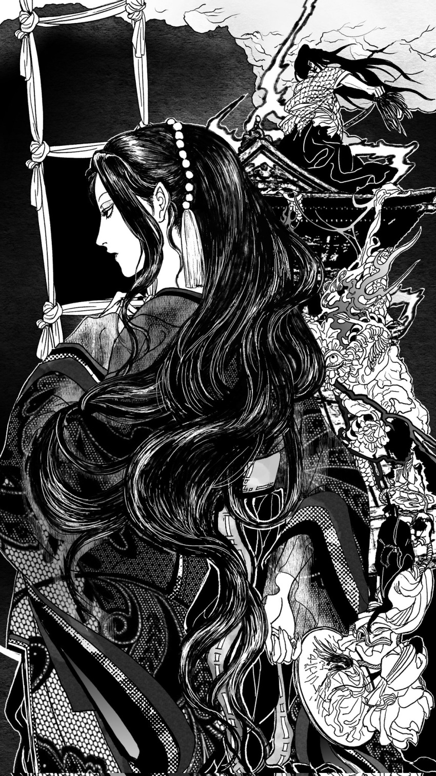 1boy, 1girl, black_hair, black_kimono, commentary_request, demon_boy, demon_girl, extra_eyes