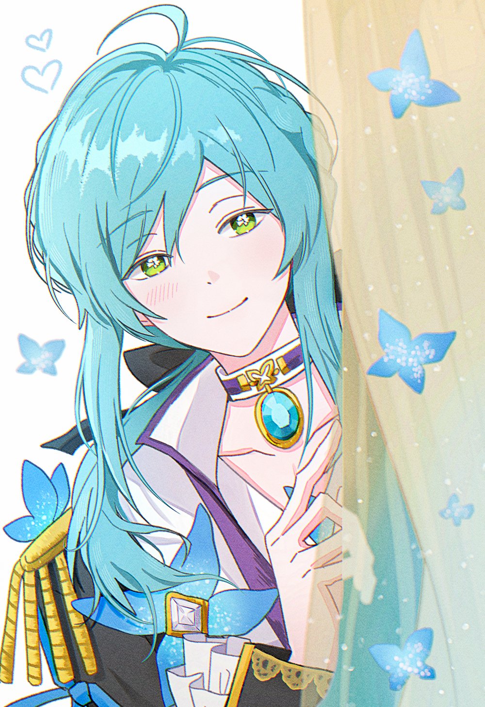 1boy, ahoge, aqua_hair, black_bow, black_jacket, blue_flower, blue_gem, bow, choker, closed_mouth, collarbone, collared_jacket, commentary, curtains, ensemble_stars!, epaulettes, flower, frilled_jacket, frills, gem, green_eyes, hair_bow, hands_up, heart, highres, idol_clothes, jacket, kk2z, leaning_to_the_side, long_hair, long_sleeves, looking_at_viewer, low_ponytail, male_focus, official_alternate_costume, official_alternate_hair_length, official_alternate_hairstyle, own_hands_together, parted_bangs, ponytail, purple_choker, see-through_curtains, shinkai_kanata, sidelocks, smile, solo, symbol-only_commentary, white_background, white_choker, white_gem