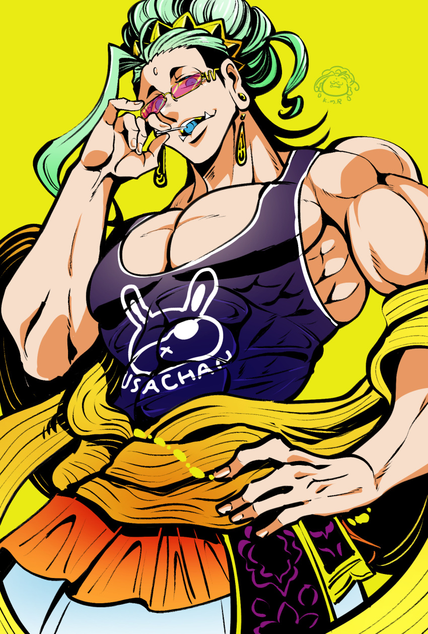 1boy, black_hair, blue_tank_top, buddha, buddha_(shuumatsu_no_valkyrie), crown, earrings, fangs
