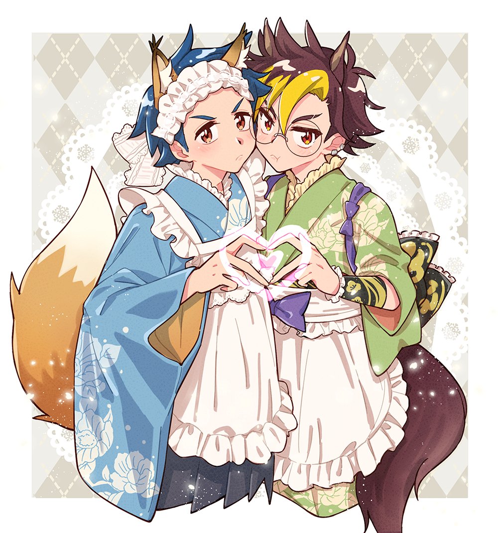 2boys, animal_ears, apron, blonde_hair, blue_hair, blue_kimono, border, brown_hair
