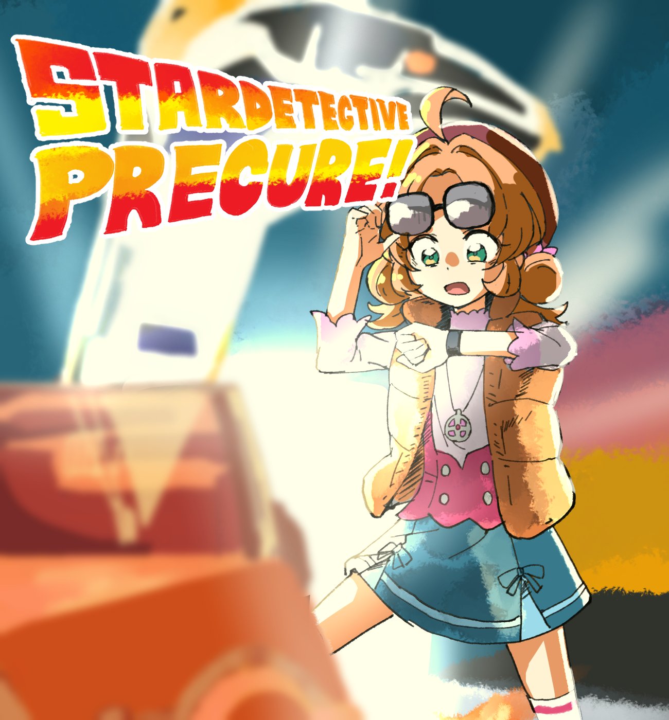 1girl, ahoge, akechi_anna, back_to_the_future, car, cosplay, delorean, glasses