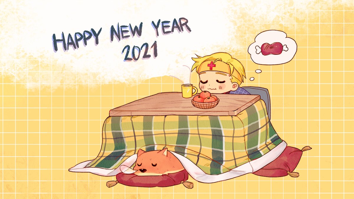 1boy, 2021, adventurer_(dungreed), artist_request, blonde_hair, blue_jacket, blue_sky, boned_meat, bowl, brown_dog, brown_fur, closed_eyes, closed_mouth, commentary, cross, cross_print, cup, cushion, dog, doggo_(dungreed), dot_nose, dungreed, english_commentary, food, grid_background, grid_print, hanten_(clothes), happy_new_year, head_on_table, headband, jacket, japanese_clothes, kotatsu, male_focus, mandarin_collar, meat, mug, new_year, nose_bubble, official_art, on_pillow, pillow, print_jacket, second-party_source, simple_background, sky, sleeping, speech_bubble, table, thought_bubble, warm_colored, yellow_headband, zabuton, zaisu