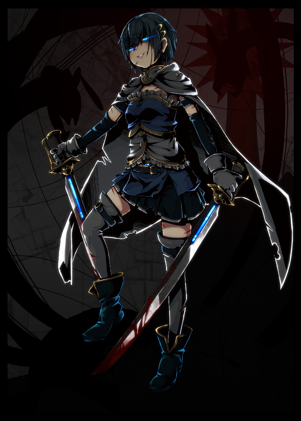 bad_id, blood, blue_eyes, blue_hair, border, cape, cuts, dual_wielding