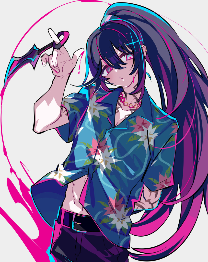 1boy, abs, arm_behind_back, black_eyes, black_hair, blue_shirt, chain, chain_necklace