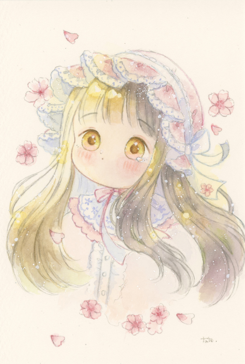 1girl, absurdres, blonde_hair, blush, bonnet, brown_eyes, commentary_request, falling_flower