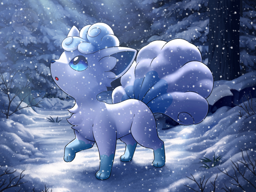 alolan_vulpix, bchuck1, blue_eyes, commentary, english_commentary, forest, fox, highres
