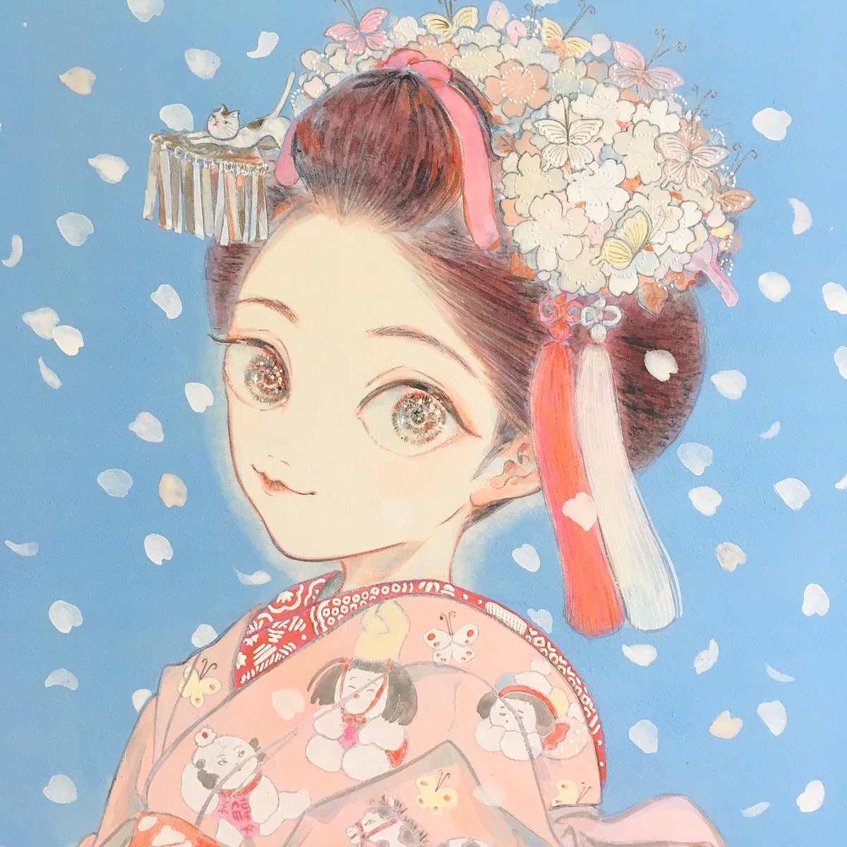 1girl, bow_shimada, brown_eyes, brown_hair, commentary_request, datehyogo, geisha, hair_ornament, highres, japanese_clothes, kanzashi, kimono, looking_at_viewer, makeup, makita_haruka, marumage, nihonga, nihongami, obi, original, sash, susohiki, tama_kanzashi, ukiyo-e