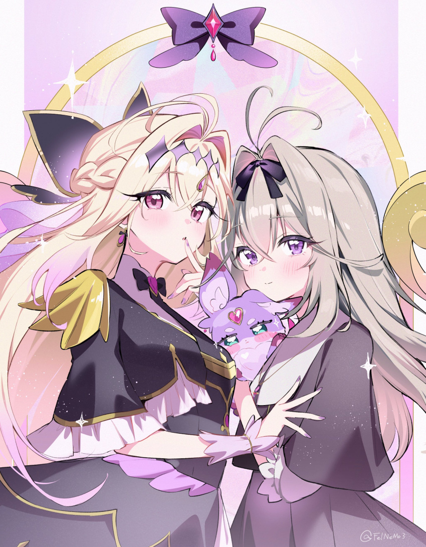 2girls, absurdres, antenna_hair, black_bow, black_dress, blonde_hair, bow, braid