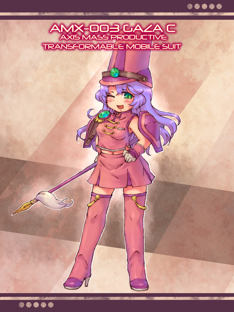 blush, boots, gaza-c, gloves, green_eyes, gundam, gundam_zz, hands_on_hips, hat, high_heels, mecha_musume, midriff, military, navel, open_mouth, polearm, purple_hair, sankuma, shoes, skirt, sleeveless, solo, spear, text, thigh-highs, thigh_boots, thighhighs, wavy_hair, weapon, wink, zeta_gundam