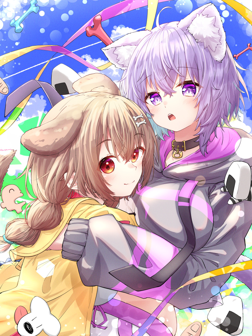 2girls, absurdres, animal_ears, black_collar, black_hoodie, bone_hair_ornament, braid, brown_eyes