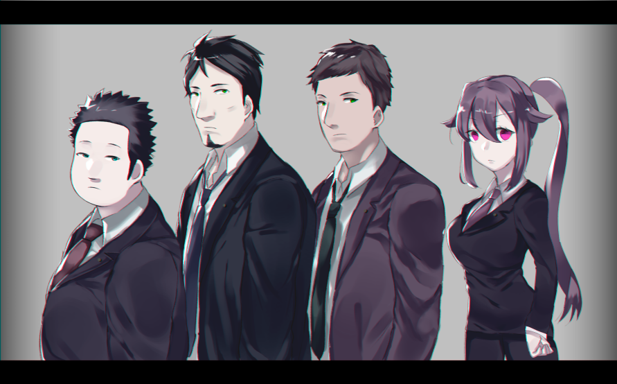 1girl, 3boys, black_suit, brbrkoushin, closed_mouth, commentary_request, from_side, grey_background