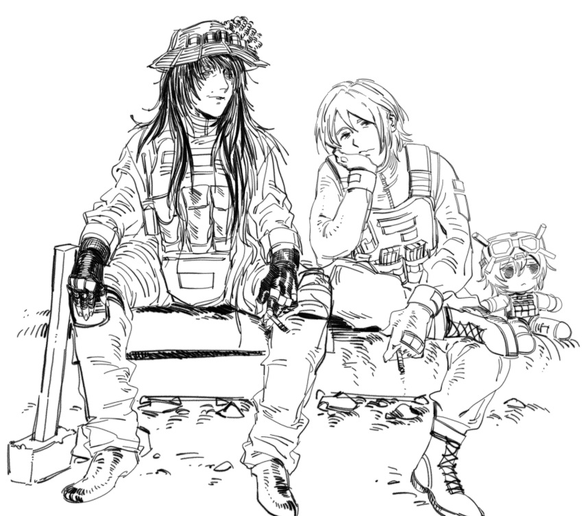 1boy, 1girl, androgynous, black_hair, blood, boots, bulletproof_vest, camouflage