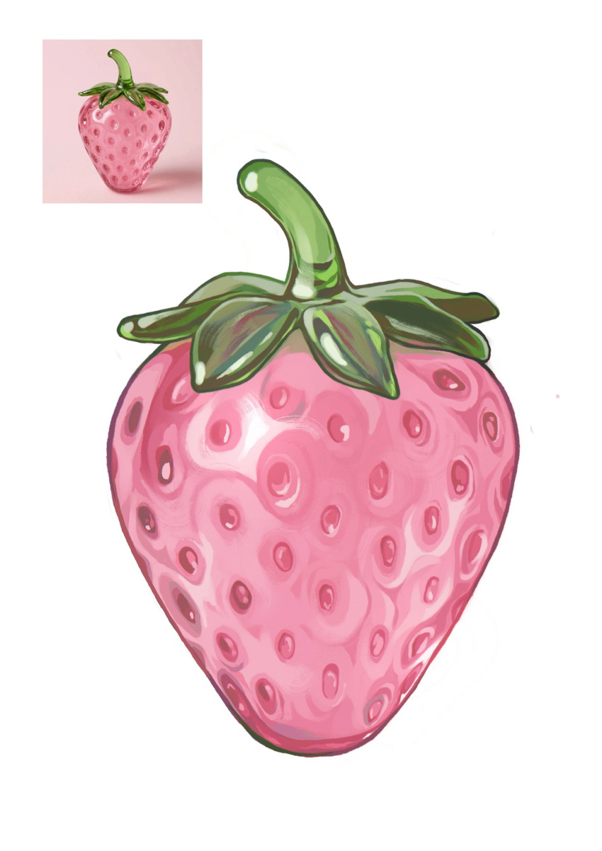 commentary, english_commentary, food, food_focus, fruit, glass, glass_fruit, highres, lanajay_art, no_humans, original, painterly, photo-referenced, reference_inset, simple_background, still_life, strawberry, white_background