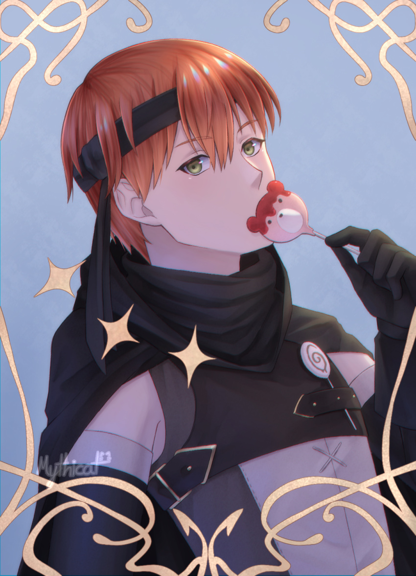 1boy, artist_name, black_cape, black_gloves, black_headband, candy, cape, commentary_request