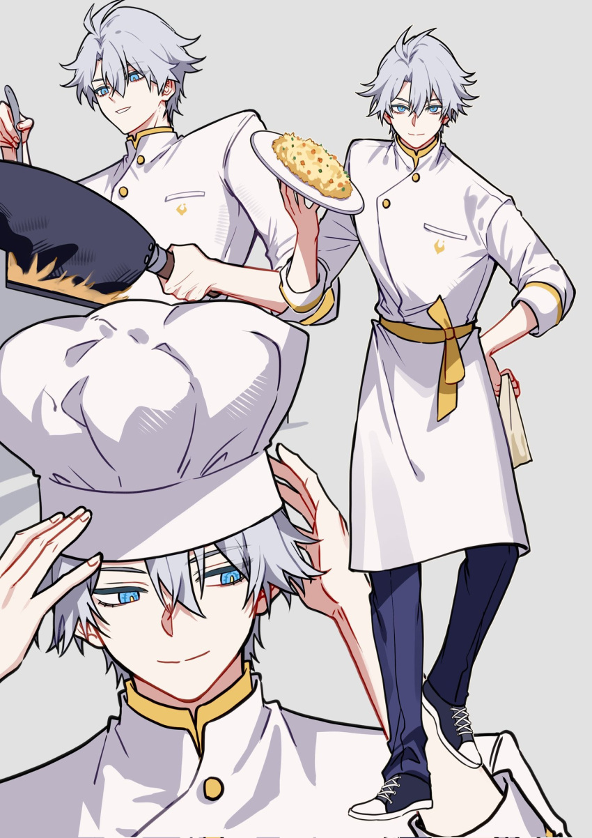 1boy, antenna_hair, black_pants, black_shoes, blue_eyes, chef, chef_hat, chinese_commentary