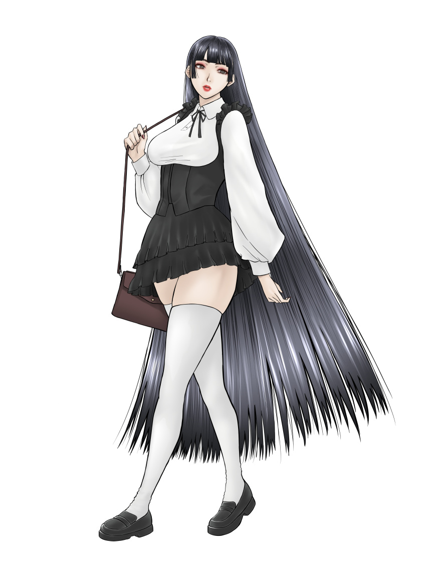 100-series, 1girl, absurdres, bag, black_hair, black_shoes, black_skirt, blunt_bangs, breasts, center_frills, frilled_shirt, frills, full_body, handbag, high-waist_skirt, highres, hime_cut, lips, long_hair, medium_breasts, original, penny_loafers, shirt, shoes, simple_background, skirt, solo, sososokami, thigh-highs, very_long_hair, virgin_killer_outfit, walking, white_thighhighs