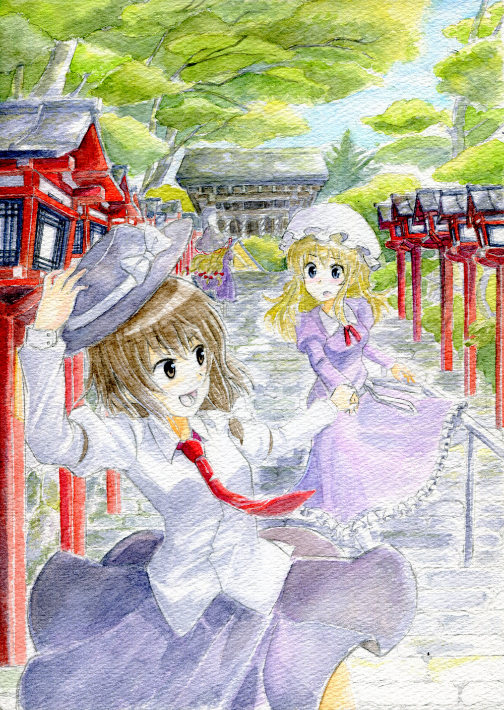 2girls, ascot, blonde_hair, blue_eyes, bow, brown_eyes, brown_hair, colored_pencil_(medium)