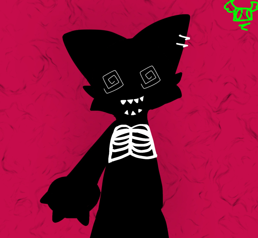 black_hair, body_fur, femtanyl_(musician), highres, non-web_source, red_background, sharp_teeth, simple_background