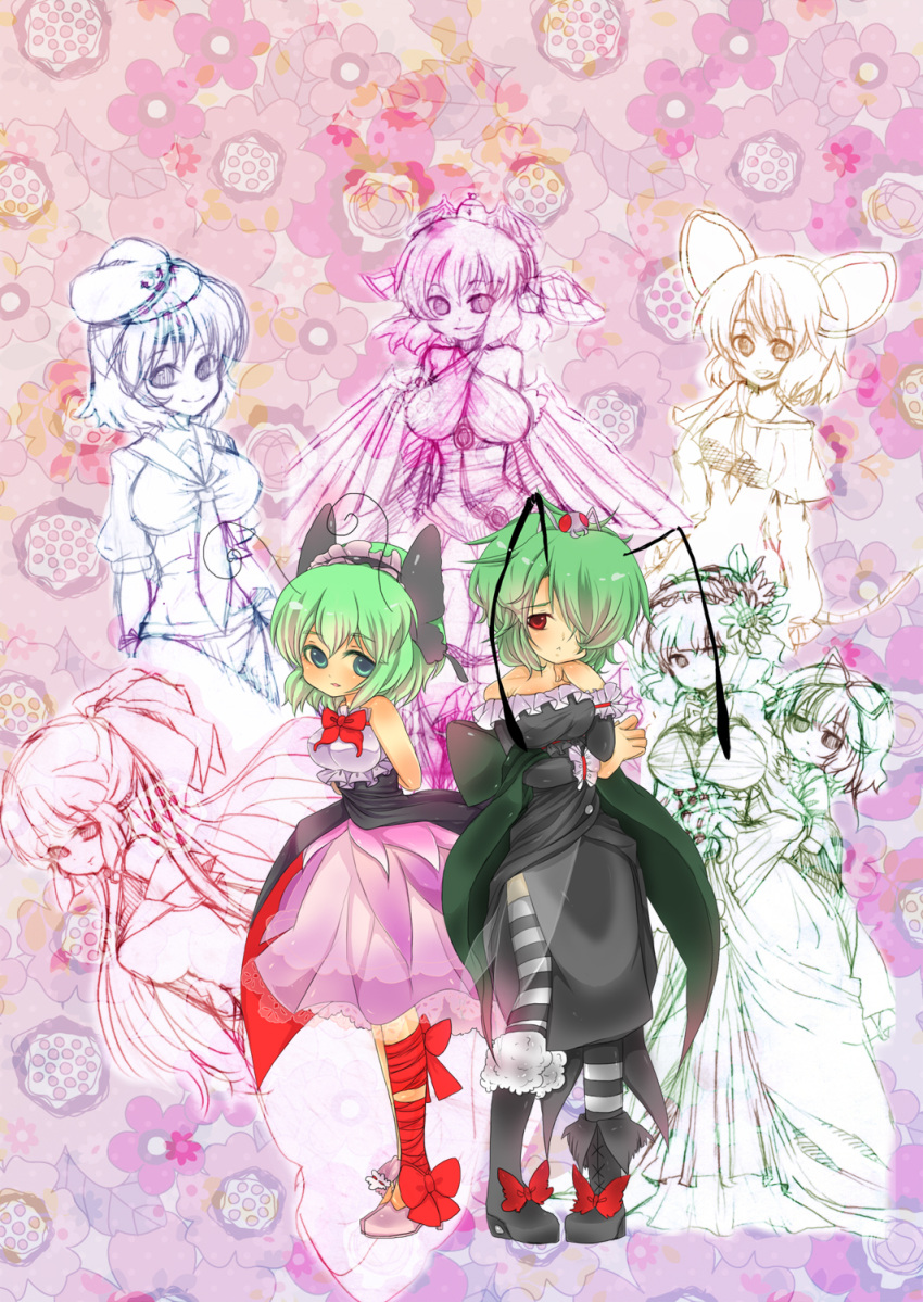 8girls, alternate_clothing, alternate_costume, anchor, antennae, bad_id, blue_eyes, blush